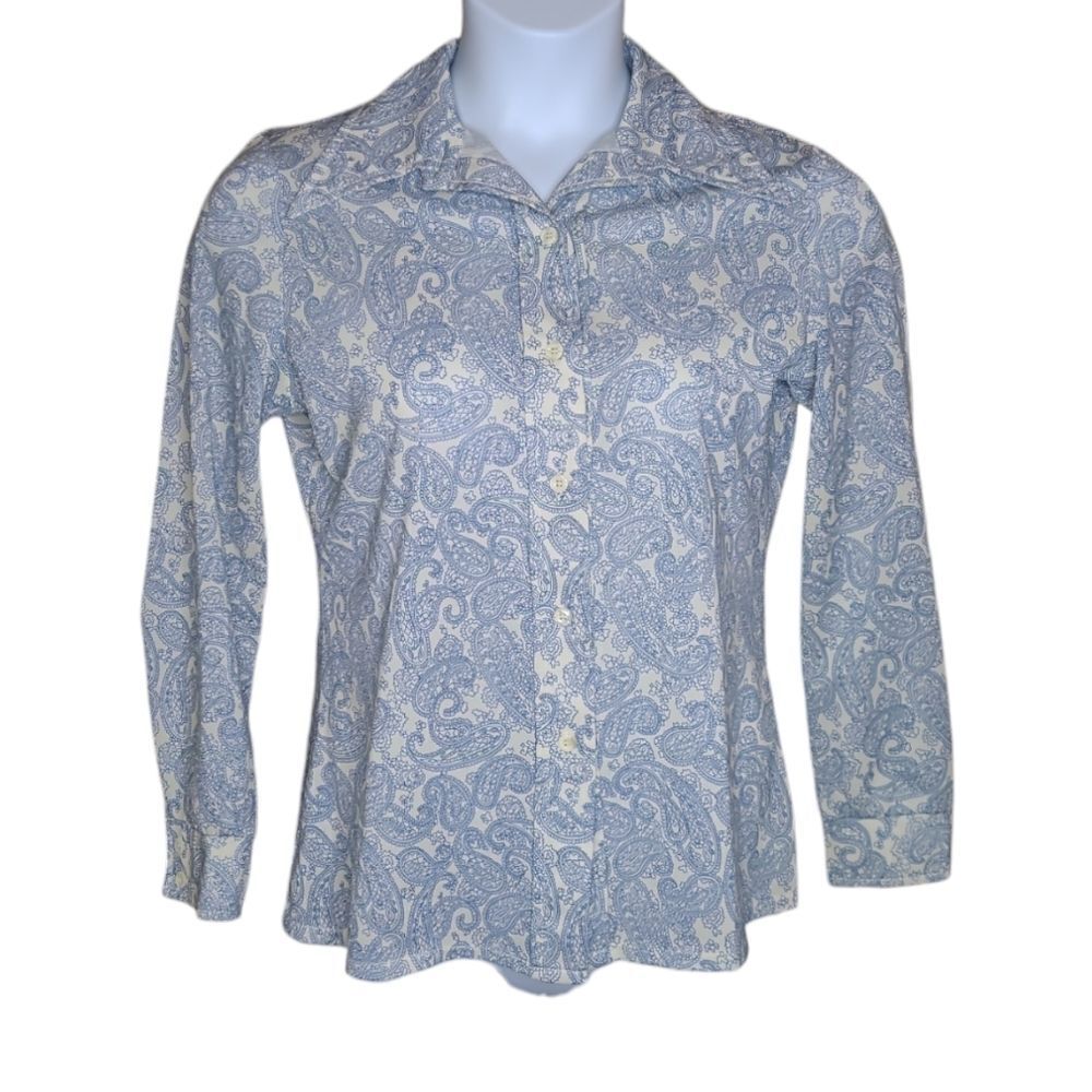 VINTAGE 70s blue paisley‎ pointed disco collar button up shirt M